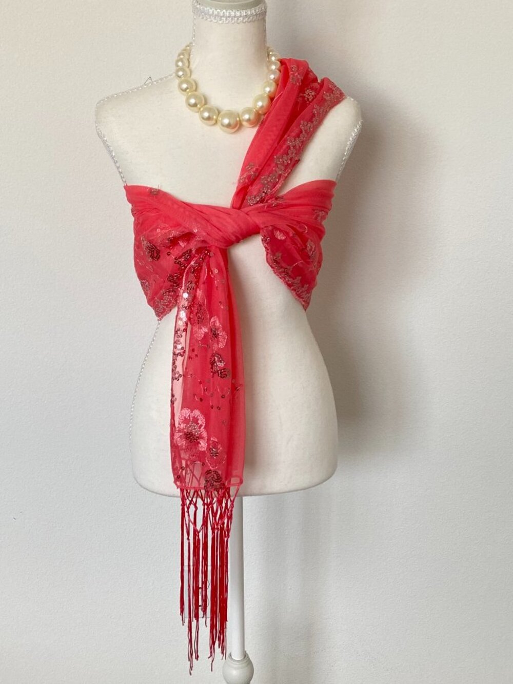 Coral Pink Sheer Embroidered Sequin Scarf Shawl with Fringe | Elegant Vintage Wr